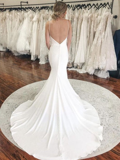 Sheath/Column Stretch Crepe Ruched V-neck Sleeveless Court Train Wedding Dresses