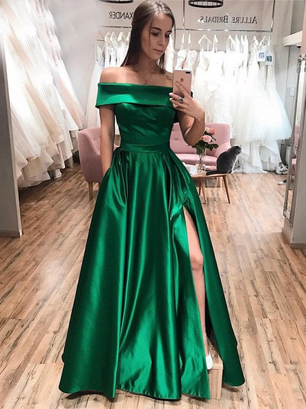 A-Line/Princess Satin Ruffles Off-the-Shoulder Sleeveless Floor-Length Dresses