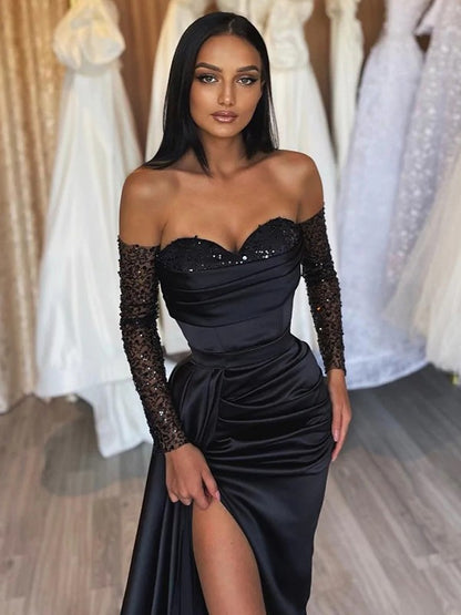 Sheath/Column Elastic Woven Satin Ruched Off-the-Shoulder Long Sleeves Sweep/Brush Train Dresses