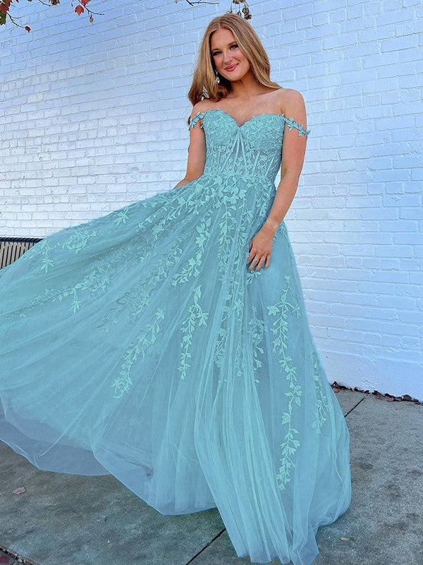 A-Line/Princess Tulle Applique Off-the-Shoulder Sleeveless Sweep/Brush Train Dresses