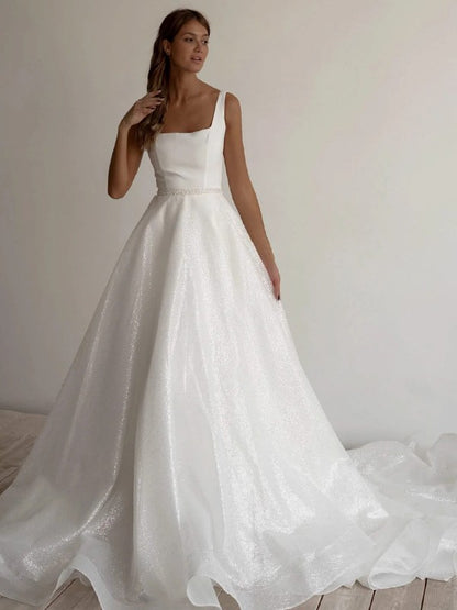 A-Line/Princess Sash/Ribbon/Belt Square Sleeveless Chapel Train Wedding Dresses