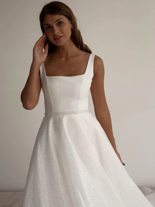 A-Line/Princess Sash/Ribbon/Belt Square Sleeveless Chapel Train Wedding Dresses