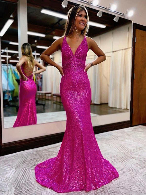 Sheath/Column Sequins V-neck Sleeveless Court Train Dresses