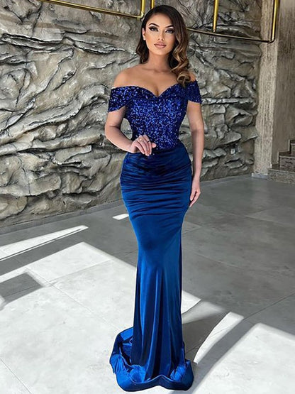 Sheath/Column Jersey Sequin Off-the-Shoulder Sleeveless Sweep/Brush Train Dresses