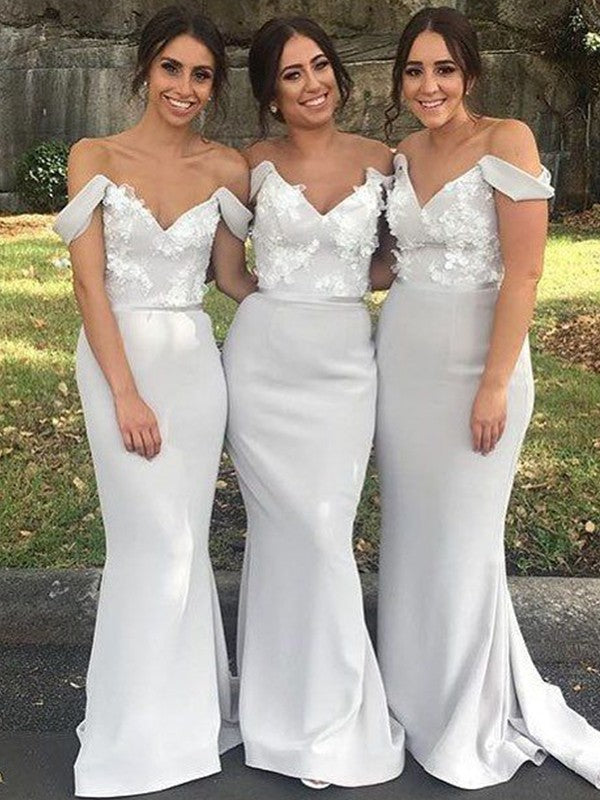 Sheath/Column Stretch Crepe Applique Off-the-Shoulder Sleeveless Sweep/Brush Train Bridesmaid Dresses