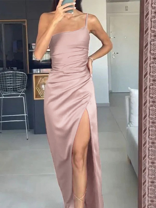 Sheath/Column Silk like Satin Ruched One-Shoulder Sleeveless Floor-Length Dresses