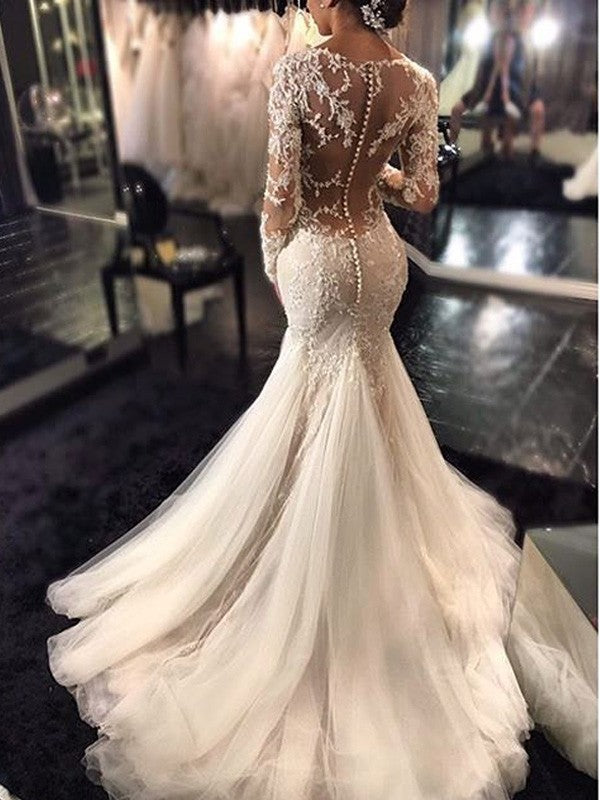 Trumpet/Mermaid V-neck Long Sleeves Lace Court Train Tulle Wedding Dresses