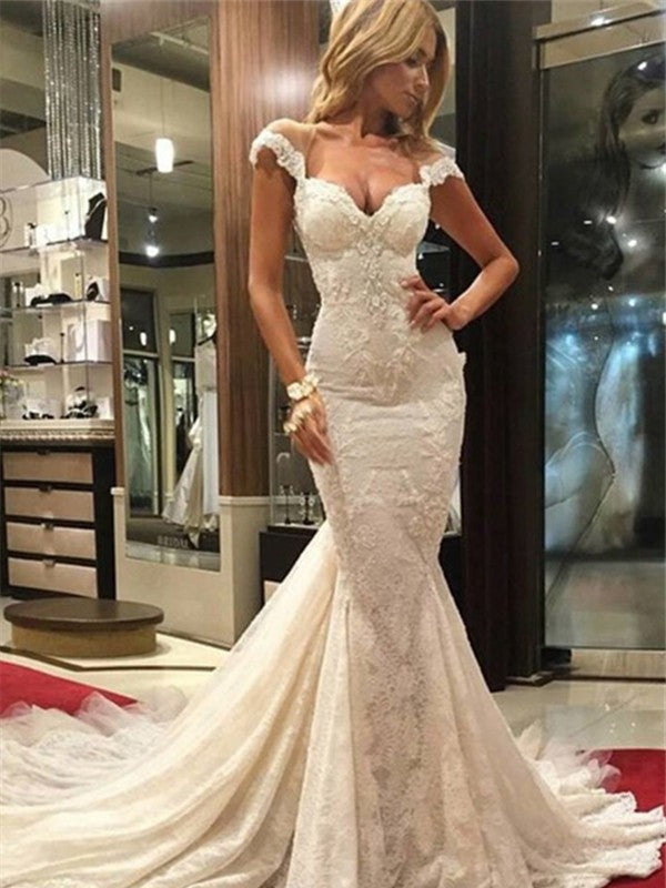 Trumpet/Mermaid Sleeveless Chapel Train V-neck Lace Wedding Dresses