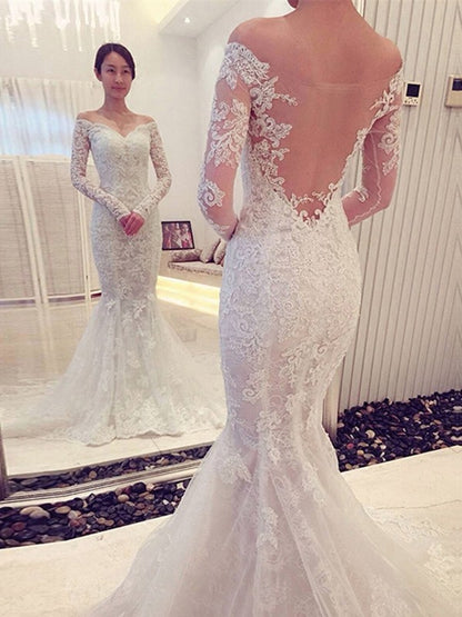 Trumpet/Mermaid Off-the-Shoulder Long Sleeves Lace Chapel Train Wedding Dresses