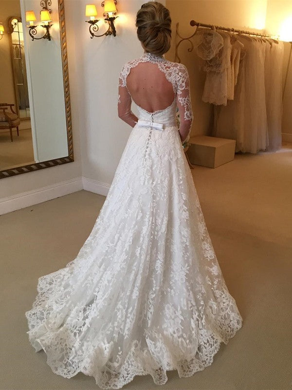 Ball Gown High Neck Long Sleeves Lace Court Train Wedding Dresses