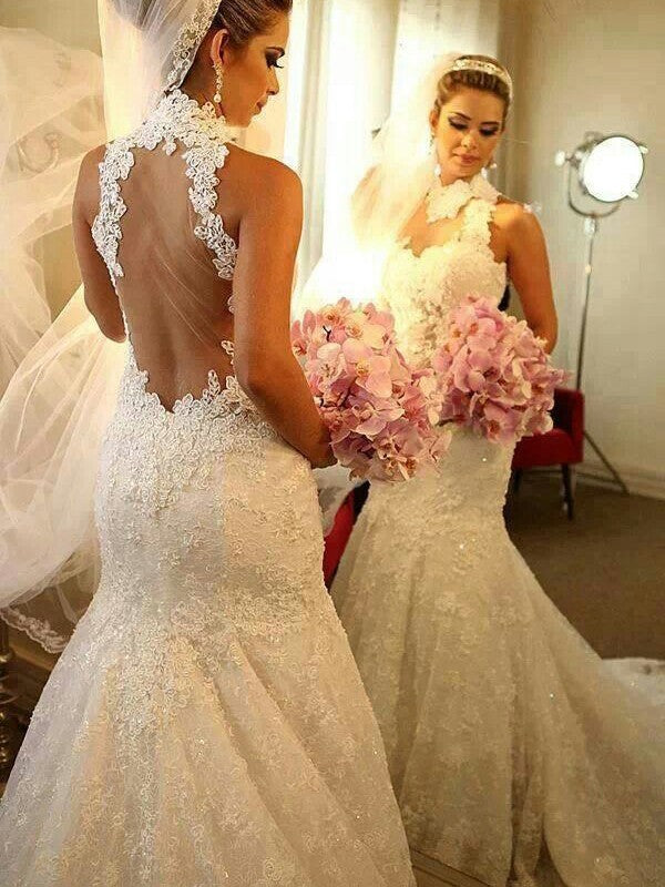 Trumpet/Mermaid High Neck Sleeveless Lace Court Train Wedding Dresses