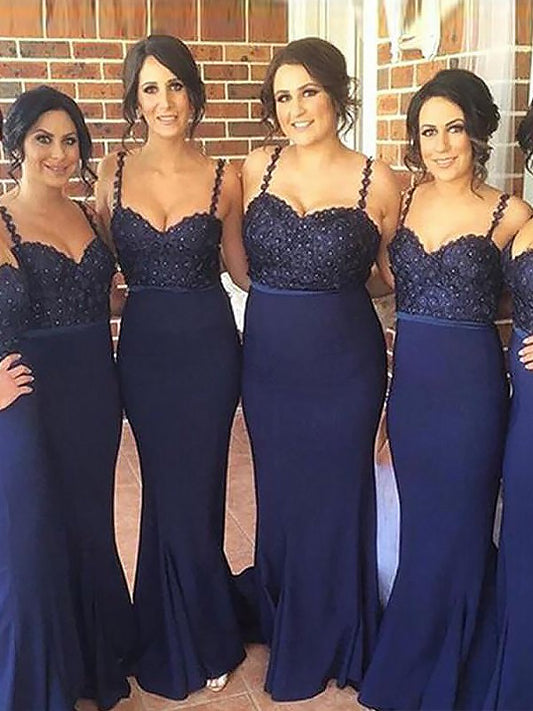 Trumpet/Mermaid Spaghetti Straps Sleeveless Sweep/Brush Train Stretch Crepe Bridesmaid Dresses