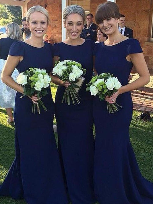 Sheath/Column Scoop Short Sleeves Sweep/Brush Train Stretch Crepe Bridesmaid Dresses