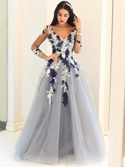 A-Line/Princess V-Neck Long Sleeves Applique Tulle Floor-Length Dresses