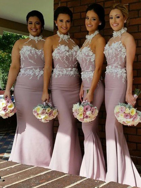 Trumpet/Mermaid Halter Sleeveless Stretch Crepe Floor-Length Bridesmaid Dresses