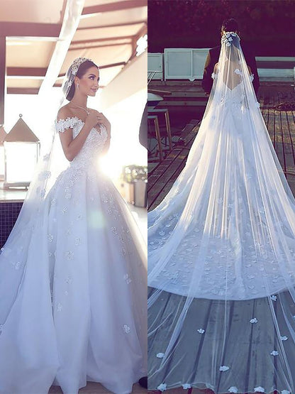 Ball Gown Tulle V-neck Sleeveless Chapel Train Wedding Dresses