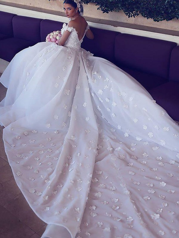 Ball Gown Tulle V-neck Sleeveless Chapel Train Wedding Dresses