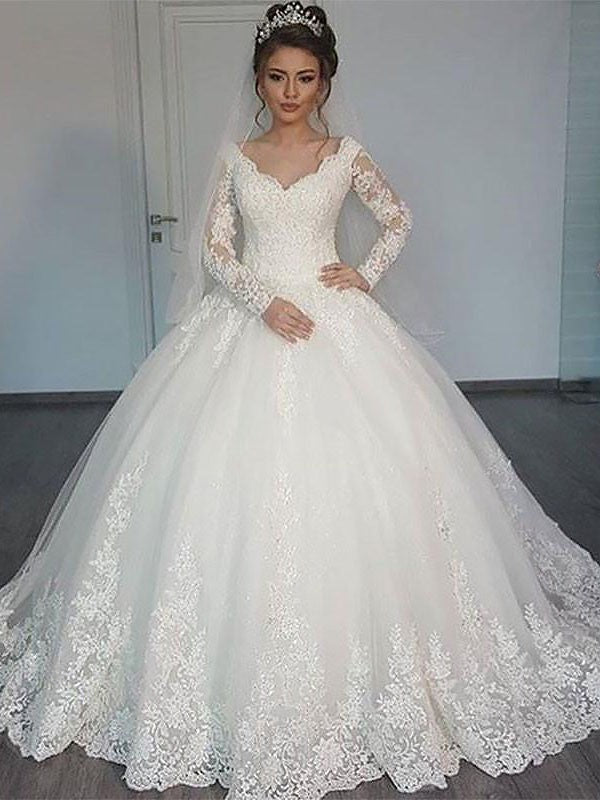 Ball Gown Long Sleeves Floor-Length V-neck Tulle Wedding Dresses