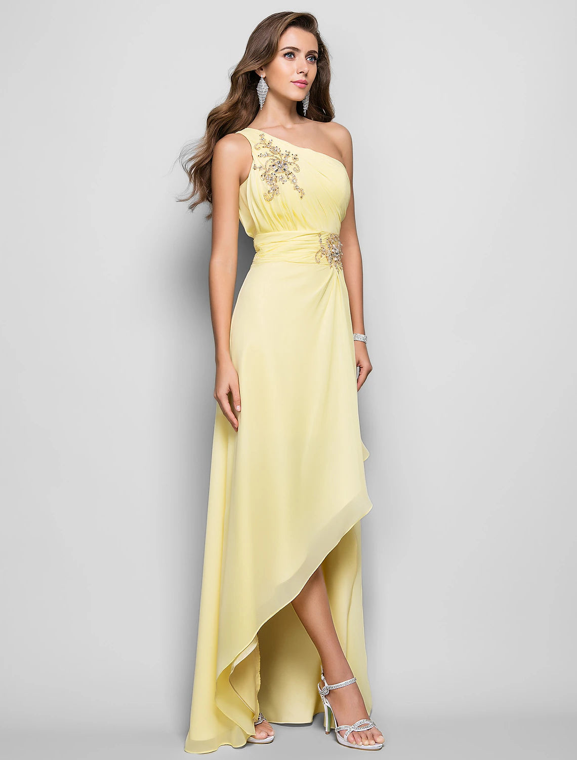 Sheath / Column Elegant Dress Wedding Guest Cocktail Party Asymmetrical Sleeveless One Shoulder Bridesmaid Dress Chiffon with Beading Slit Appliques