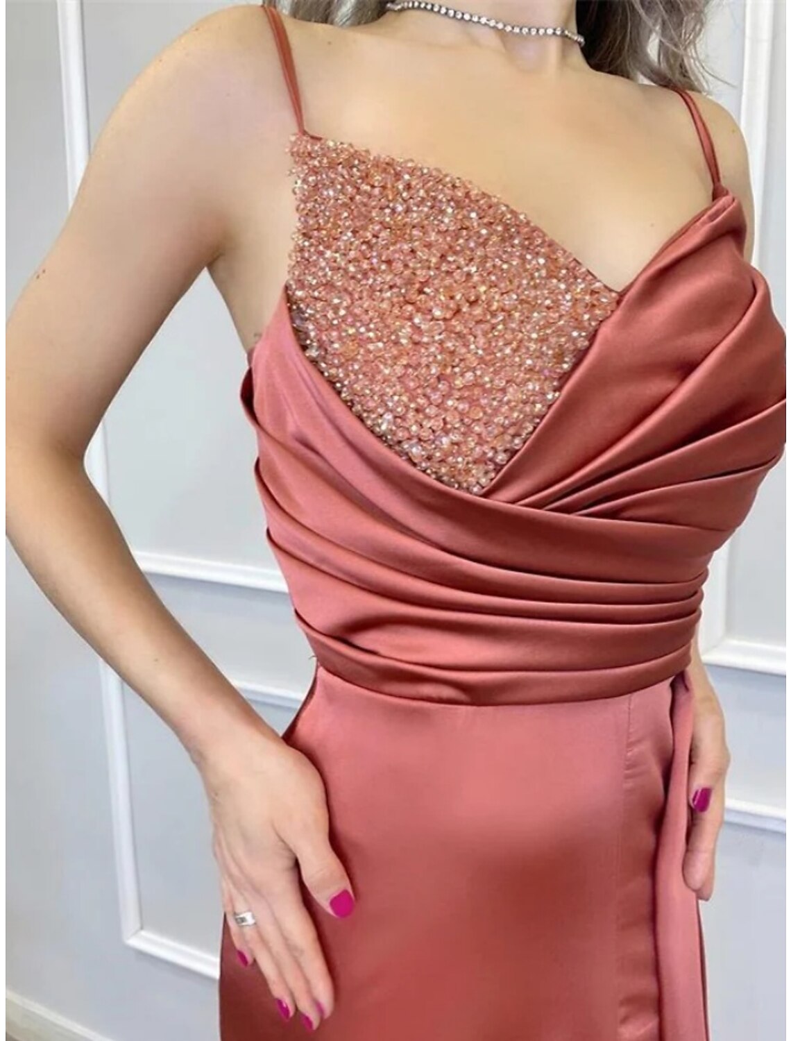 A-Line Evening Gown Elegant Dress Formal Sweep / Brush Train Sleeveless Spaghetti Strap Imitation Silk with Pleats Ruched Sequin