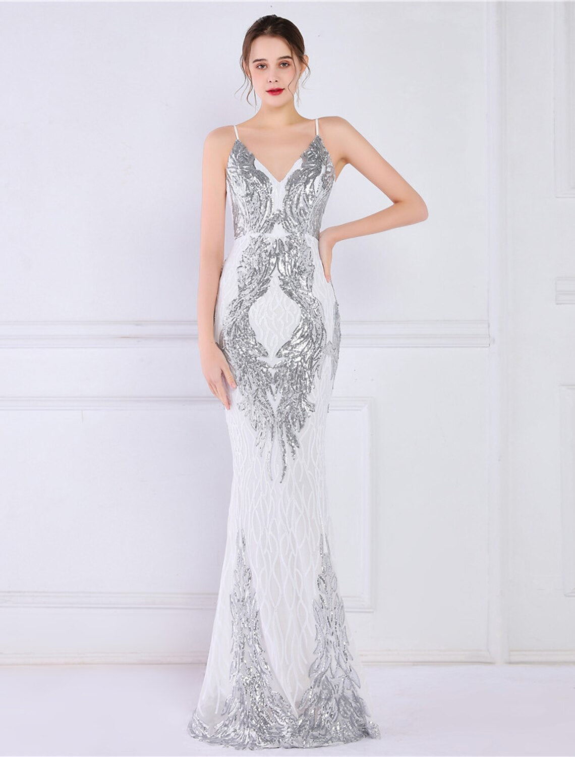 Mermaid / Trumpet Evening Gown Sparkle & Shine Dress Formal Wedding Guest Floor Length Sleeveless Spaghetti Strap Sequined with Sequin