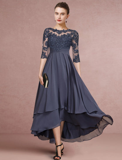 Sheath / Column Mother of the Bride Dress Wedding Guest Party Elegant Jewel Neck Asymmetrical Chiffon Lace Half Sleeve with Pleats Solid Color