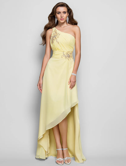 Sheath / Column Elegant Dress Wedding Guest Cocktail Party Asymmetrical Sleeveless One Shoulder Bridesmaid Dress Chiffon with Beading Slit Appliques