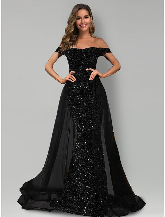 Mermaid / Trumpet Evening Gown Sparkle & Shine Dress Formal Black Dress Plus Size Sweep / Brush Train Sleeveless Off Shoulder Tulle with Sequin