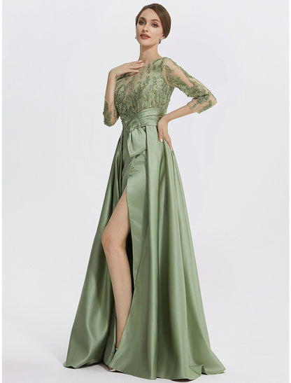 A-Line Evening Gown Elegant Dress Formal Floor Length 3/4 Length Sleeve Jewel Neck Satin with Slit Embroidery Appliques