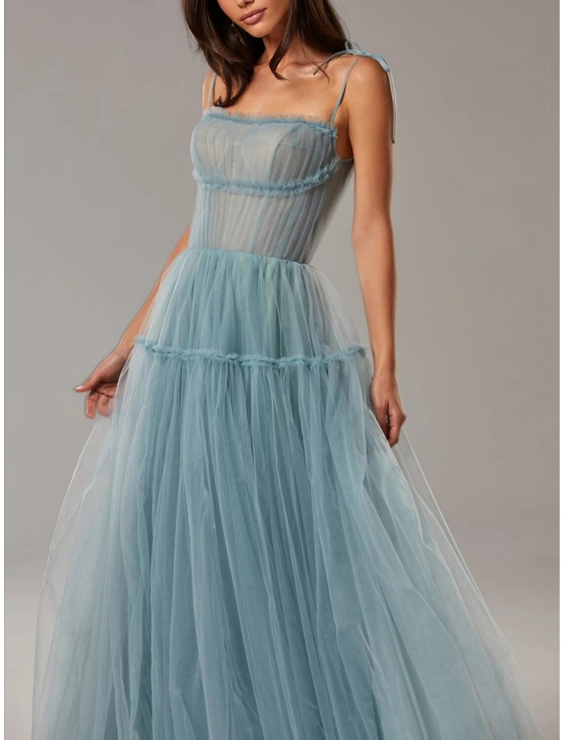 A-Line Evening Gown Elegant Dress Formal Floor Length Sleeveless Spaghetti Strap Tulle with Bow(s) Pleats