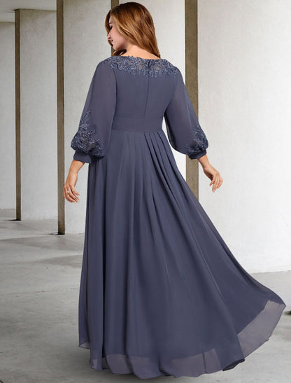 A-Line Mother of the Bride Dresses Plus Size Hide Belly Curve Elegant Dress Formal Asymmetrical 3/4 Length Sleeve Jewel Neck Chiffon with Pleats Appliques