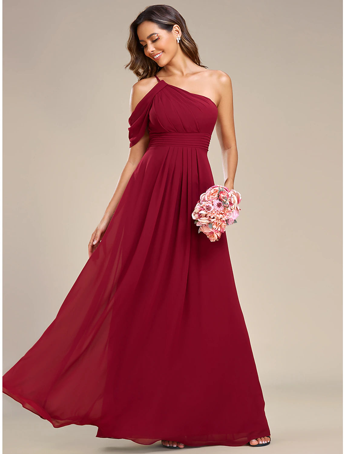 A-Line Wedding Guest Dresses Elegant Dress Formal Wedding Floor Length Sleeveless One Shoulder Chiffon with Ruched Slit