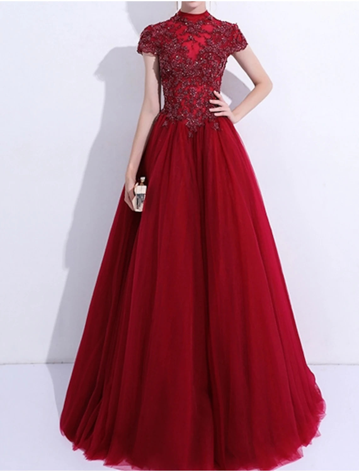 A-Line Evening Gown Elegant Dress Wedding Guest Quinceanera Floor Length Short Sleeve High Neck Tulle with Pleats Appliques