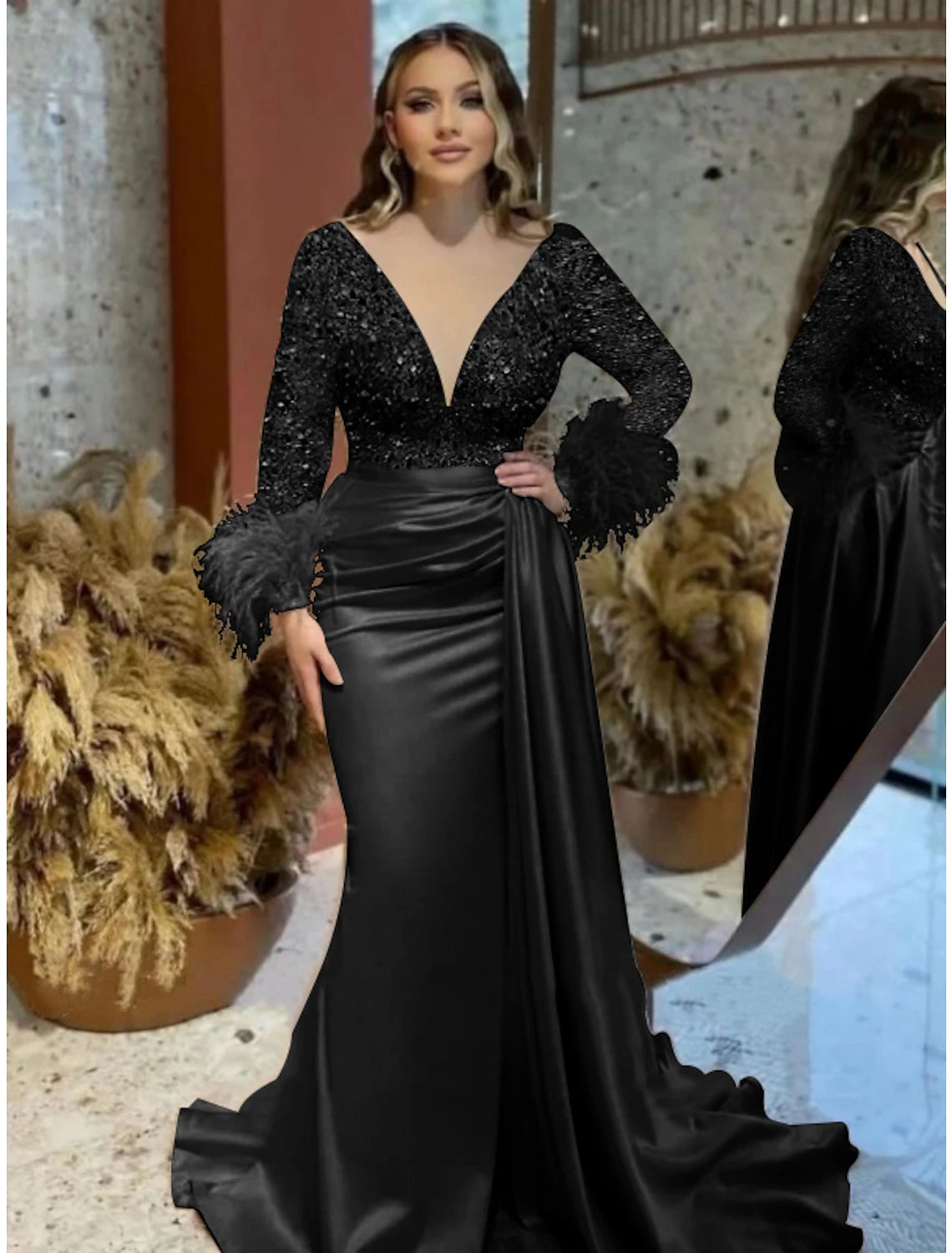 Mermaid / Trumpet Evening Gown Elegant Dress Formal Wedding Court Train Long Sleeve V Neck Satin with Feather Glitter Ruched