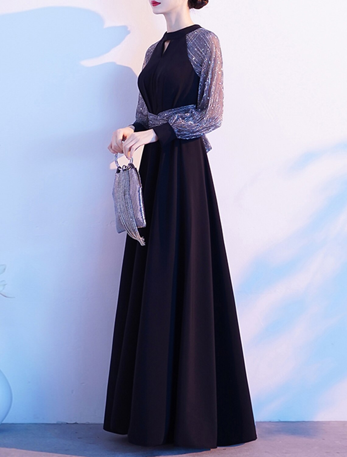 A-Line Evening Gown Elegant Dress Wedding Guest Formal Evening Floor Length Long Sleeve Halter Neck Spandex with Sash / Ribbon