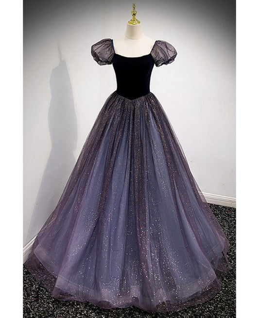 Noble retro purple square neckline bubble sleeve sheer sparkling ball dress with purple A-shaped backless strap and floor length evening dress