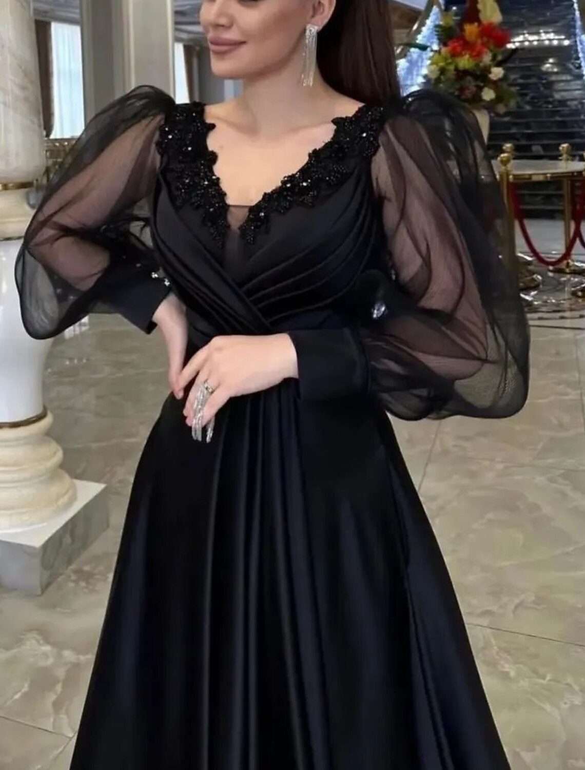 A-Line Evening Gown Elegant Dress Formal Floor Length Long Sleeve V Neck Satin with Appliques