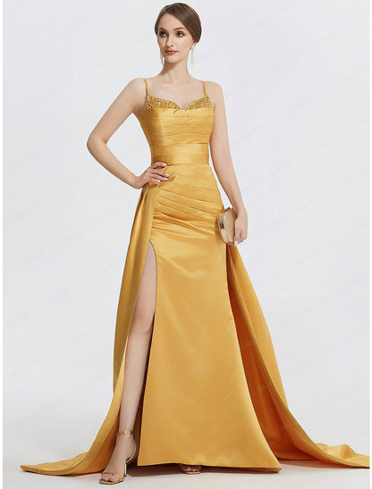 A-Line Evening Gown Sparkle Dress Wedding Prom Sweep / Brush Train Sleeveless Spaghetti Strap Satin with Rhinestone Ruched