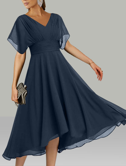 A-Line Wedding Guest Dresses Elegant Dress Holiday Fall Tea Length Short Sleeve V Neck Chiffon with Ruched