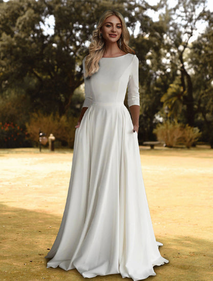 Hall Casual Fall Wedding Dresses A-Line Scoop Neck 3/4 Length Sleeve Sweep / Brush Train Stretch Fabric Bridal Gowns With Pleats Solid Color