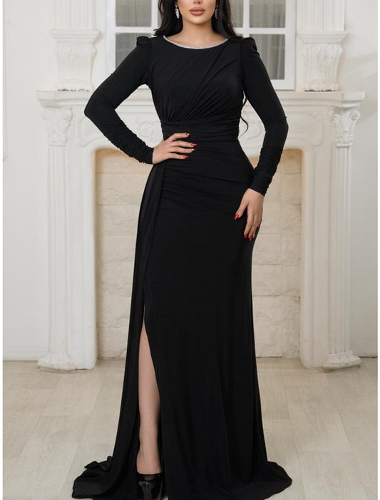 A-Line Evening Gown Elegant Dress Formal Sweep / Brush Train Black Dress Long Sleeve Scoop Neck Stretch Fabric with Pleats Ruched Sequin