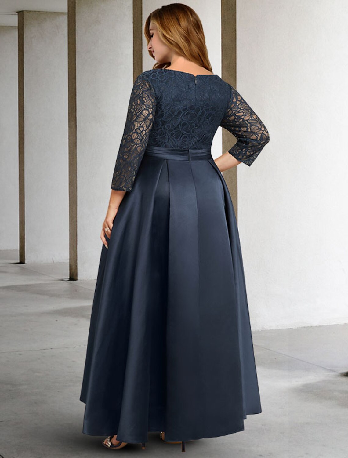 A-Line Mother of the Bride Dresses Plus Size Hide Belly Curve Elegant Dress Formal Asymmetrical 3/4 Length Sleeve V Neck Satin with Pleats Ruched