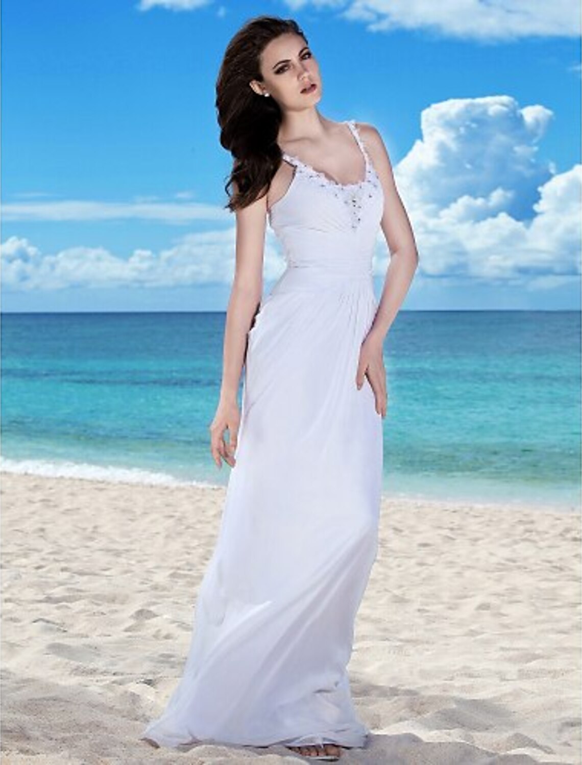 Beach Wedding Dresses Sheath / Column Spaghetti Strap Sleeveless Floor Length Chiffon Bridal Gowns With Ruched Beading