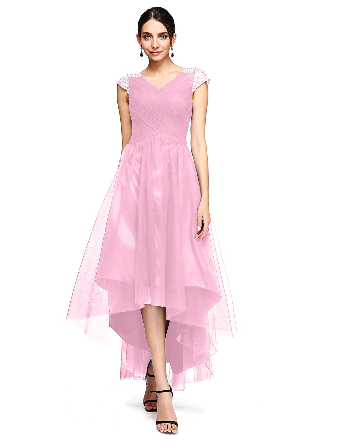 A-Line Special Occasion Dresses Open Back Dress Wedding Guest Prom Asymmetrical Short Sleeve V Neck Tulle with Criss Cross Beading