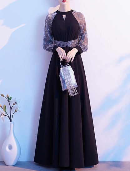 A-Line Evening Gown Elegant Dress Wedding Guest Formal Evening Floor Length Long Sleeve Halter Neck Spandex with Sash / Ribbon