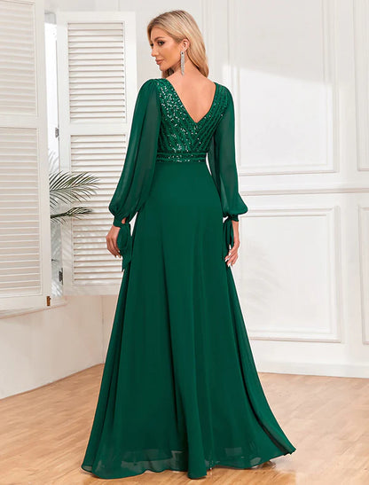 A-Line Evening Gown Empire Dress Evening Party Floor Length Long Sleeve V Neck Fall Wedding Guest Chiffon V Back with Sequin