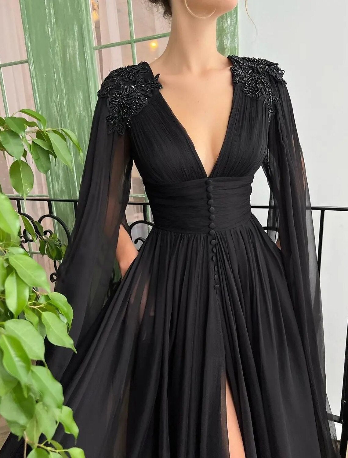 A-Line Evening Gown Black Dress Formal Masquerade Court Train Long Sleeve V Neck Wednesday Addams Family Chiffon with Buttons Slit Appliques