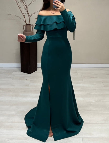 Mermaid / Trumpet Evening Gown Elegant Dress Wedding Guest Fall Court Train Long Sleeve Off Shoulder Satin with Ruffles Slit