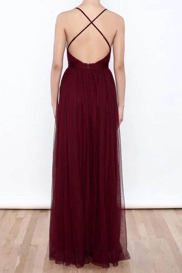 Sexy deep V-neck sheer thin shoulder strap high slit wine red ball dress evening gown