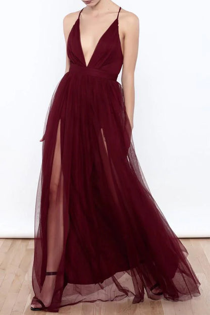 Sexy deep V-neck sheer thin shoulder strap high slit wine red ball dress evening gown